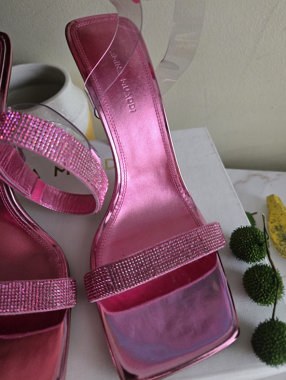 GUC Amina Muaddi Pink Mirror Rih Heel Sandals Women Womens Size 38 IT 7.5-8 US - Picture 12 of 16